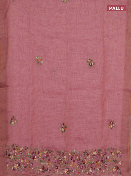 Linen cotton saree peach pink with embroidery buttas and embroidery pallu