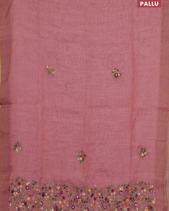 Linen cotton saree peach pink with embroidery buttas and embroidery pallu