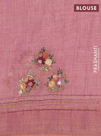 Linen cotton saree peach pink with embroidery buttas and embroidery pallu