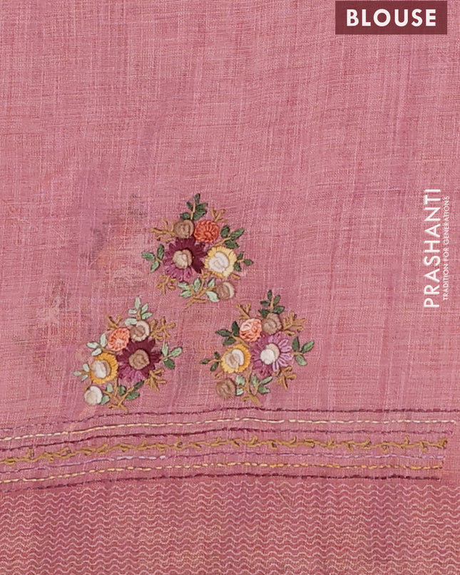 Linen cotton saree peach pink with embroidery buttas and embroidery pallu