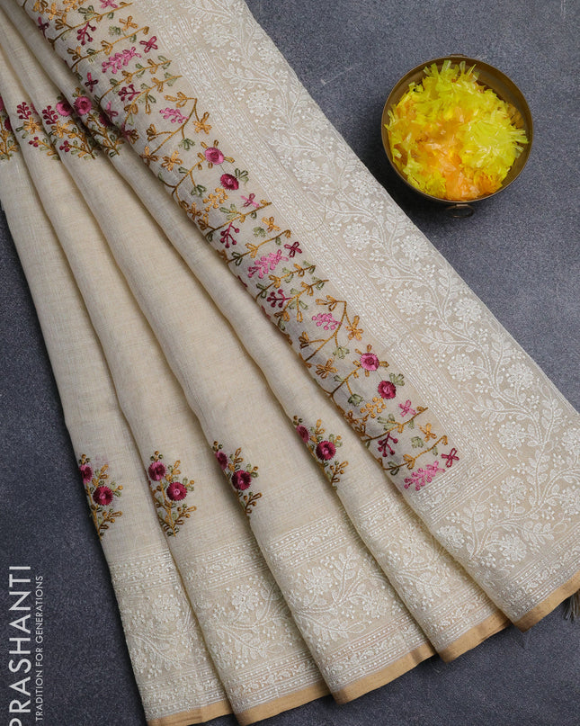 Linen cotton saree cream with embroidery buttas and embroidery pallu