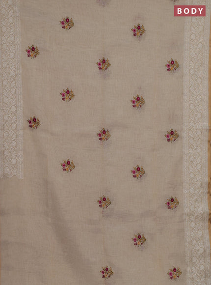 Linen cotton saree cream with embroidery buttas and embroidery pallu