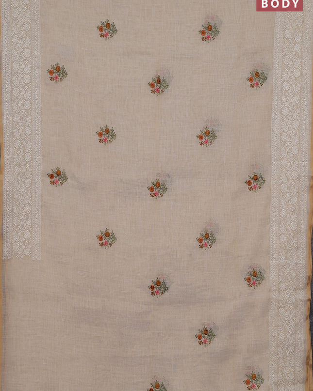 Linen cotton saree cream with embroidery buttas and embroidery pallu