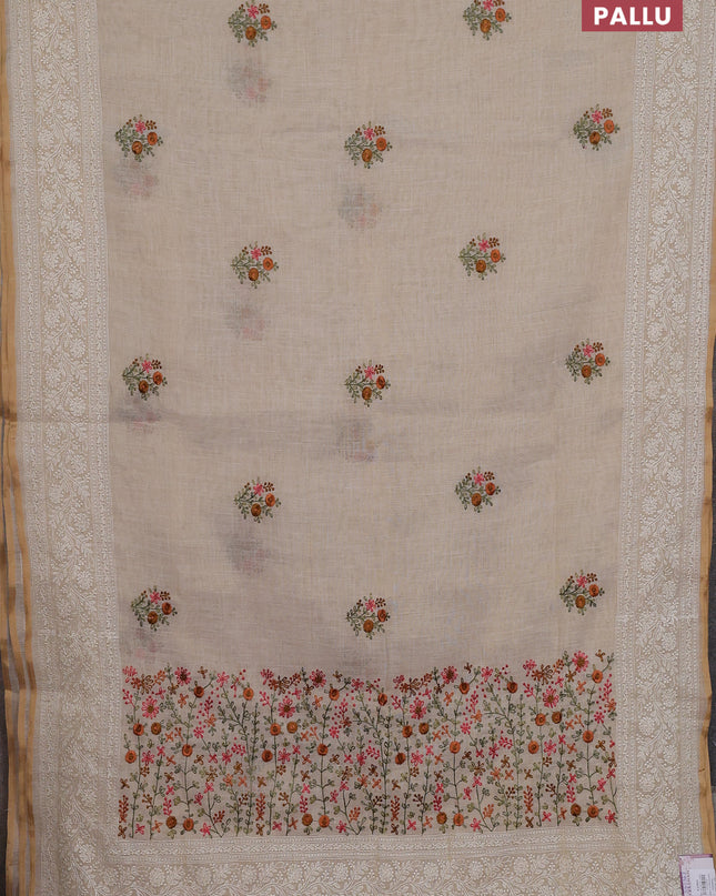 Linen cotton saree cream with embroidery buttas and embroidery pallu