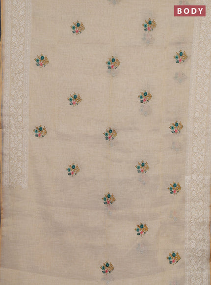 Linen cotton saree cream with embroidery buttas and embroidery pallu