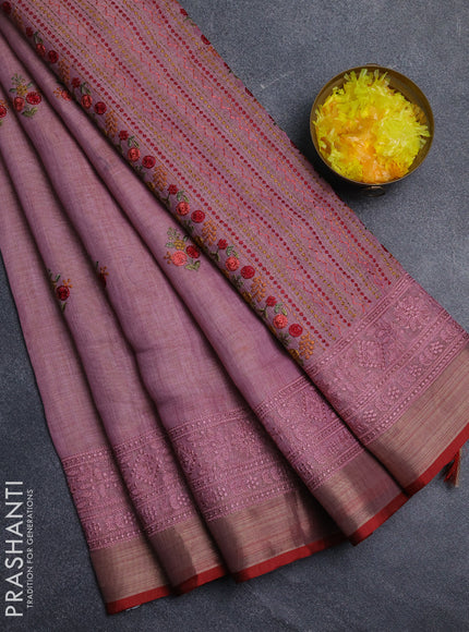 Linen cotton saree light pink and maroon with embroidery buttas and embroidery pallu
