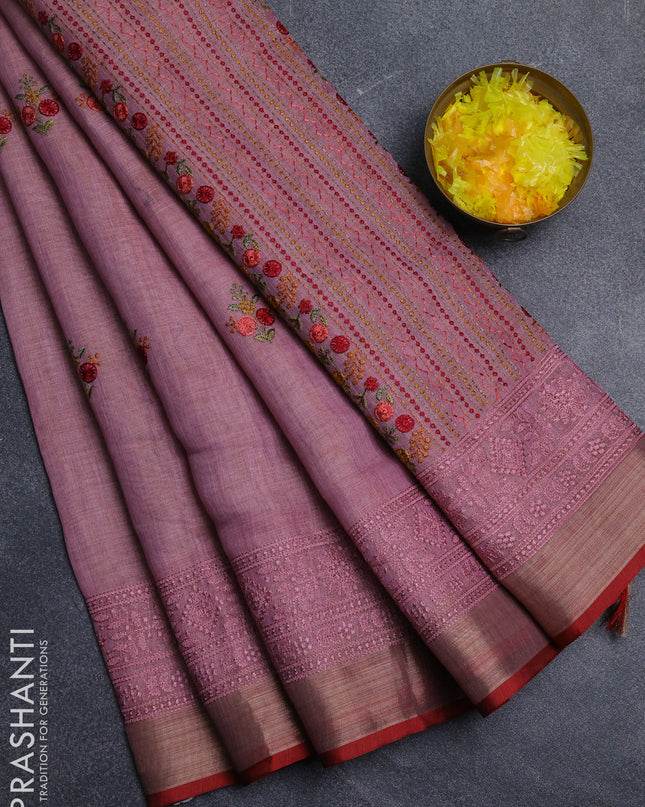 Linen cotton saree light pink and maroon with embroidery buttas and embroidery pallu