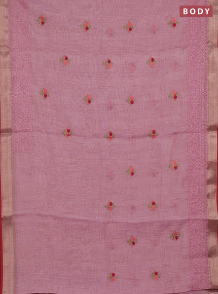 Linen cotton saree light pink and maroon with embroidery buttas and embroidery pallu