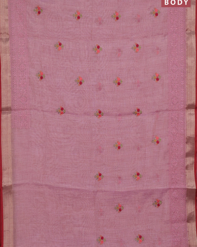 Linen cotton saree light pink and maroon with embroidery buttas and embroidery pallu