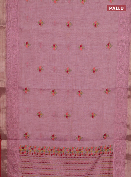 Linen cotton saree light pink and maroon with embroidery buttas and embroidery pallu