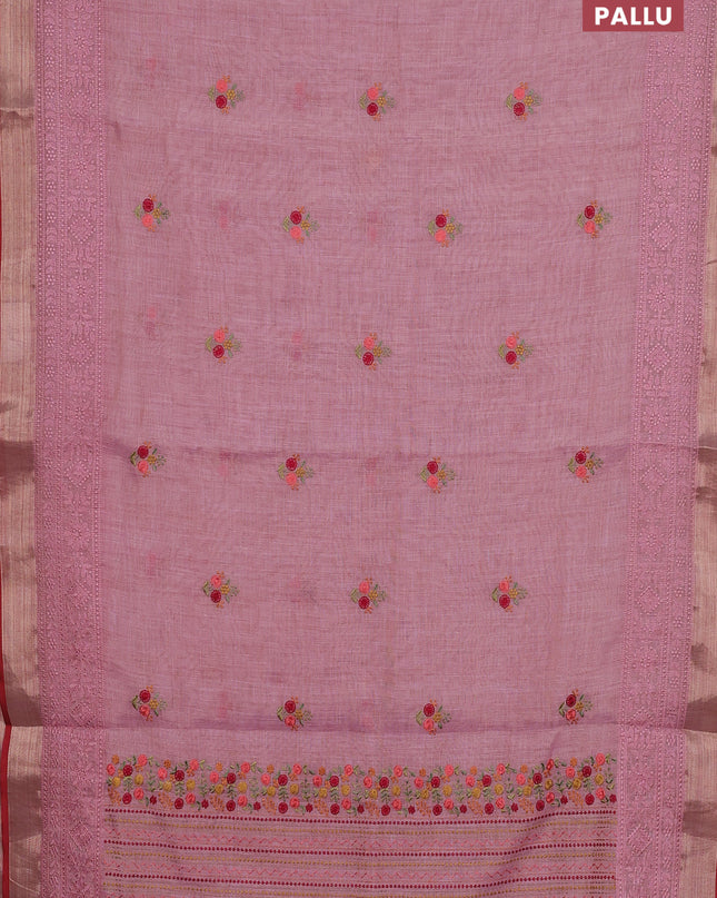 Linen cotton saree light pink and maroon with embroidery buttas and embroidery pallu