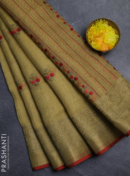 Linen cotton saree lime yellow and maroon with embroidery buttas and embroidery pallu