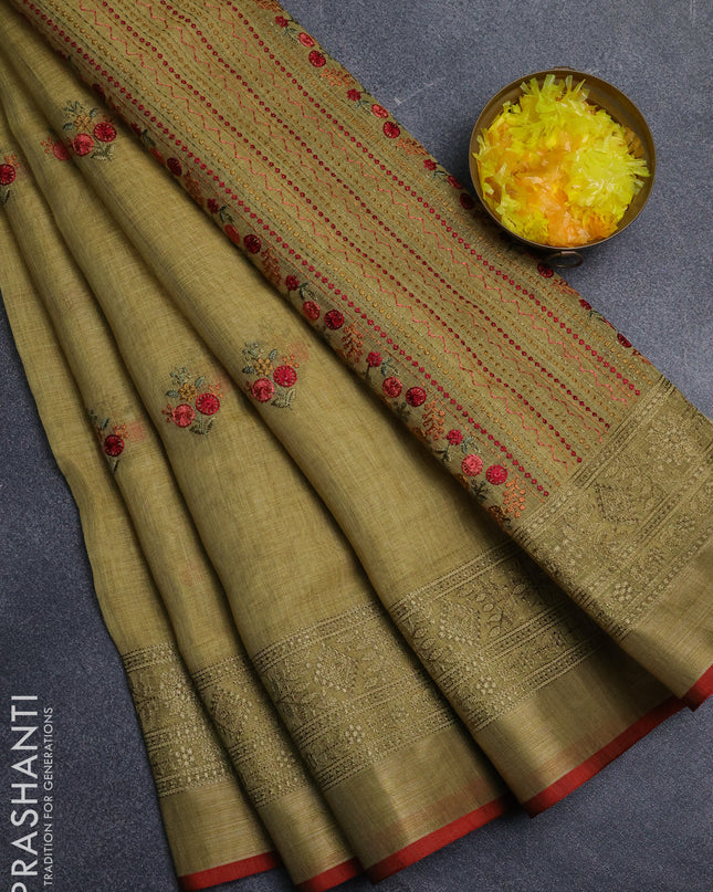Linen cotton saree lime yellow and maroon with embroidery buttas and embroidery pallu