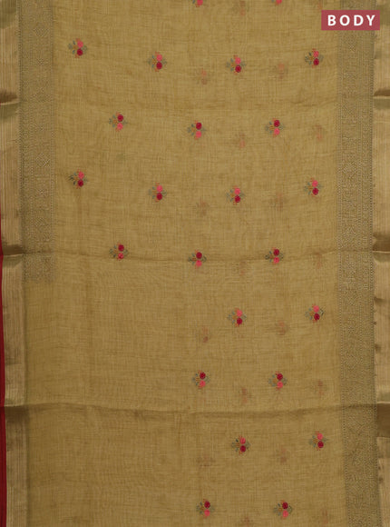 Linen cotton saree lime yellow and maroon with embroidery buttas and embroidery pallu