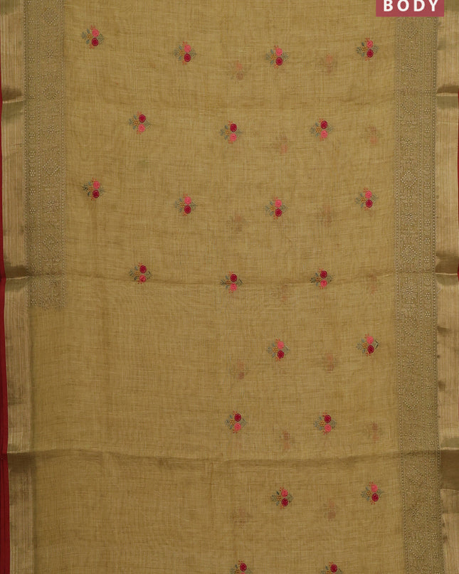 Linen cotton saree lime yellow and maroon with embroidery buttas and embroidery pallu