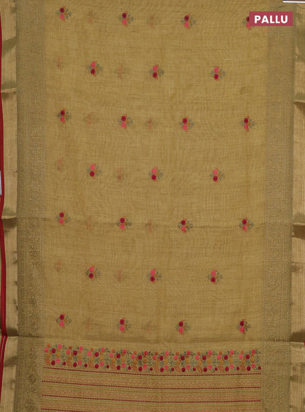 Linen cotton saree lime yellow and maroon with embroidery buttas and embroidery pallu