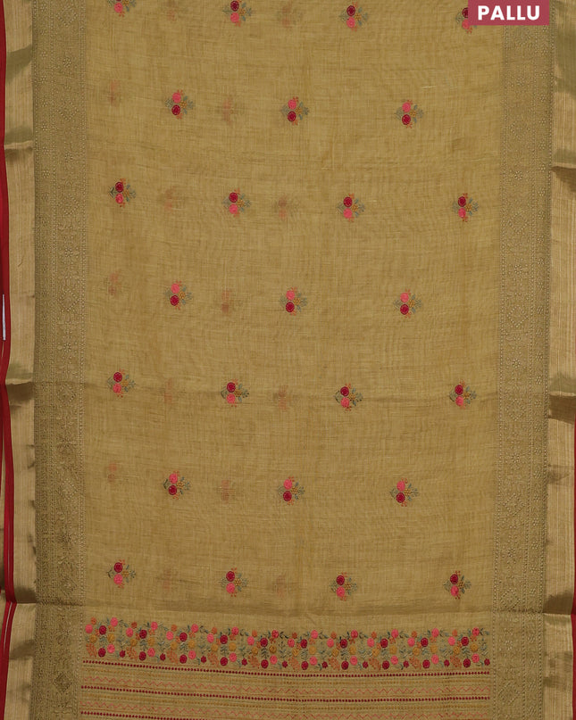 Linen cotton saree lime yellow and maroon with embroidery buttas and embroidery pallu