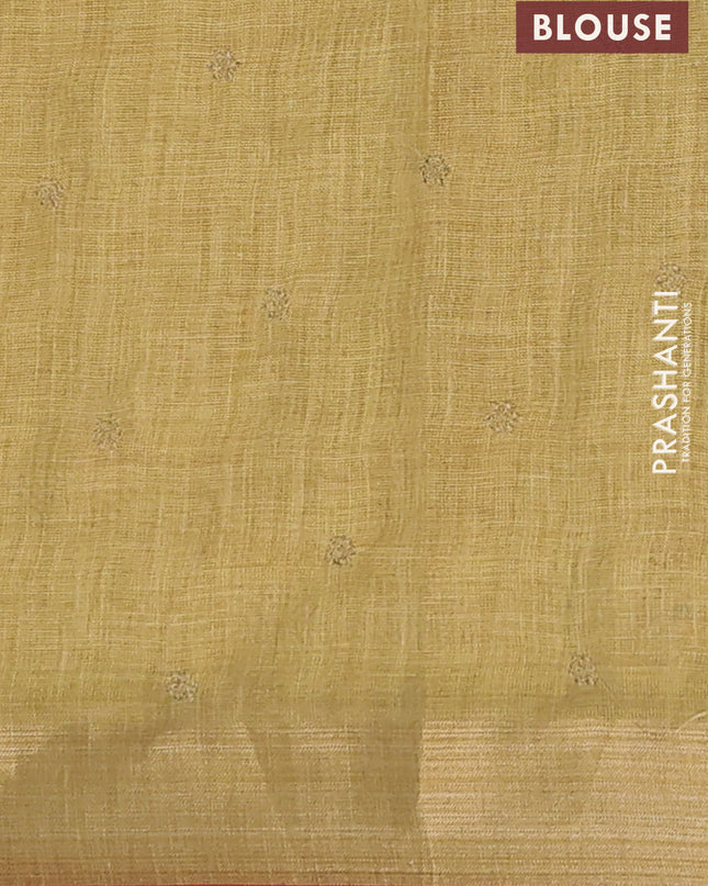 Linen cotton saree lime yellow and maroon with embroidery buttas and embroidery pallu