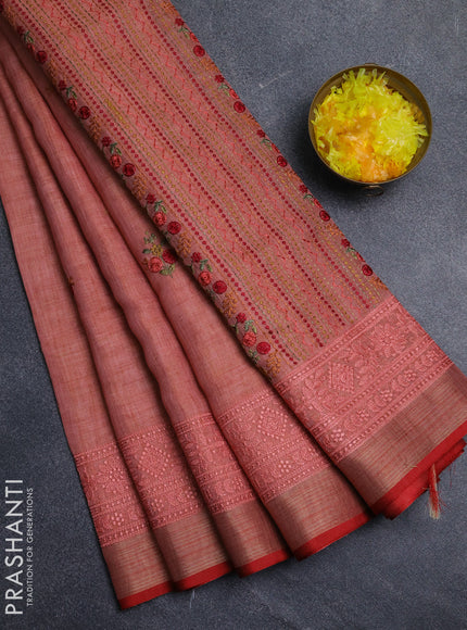 Linen cotton saree peach shade with embroidery buttas and embroidery pallu