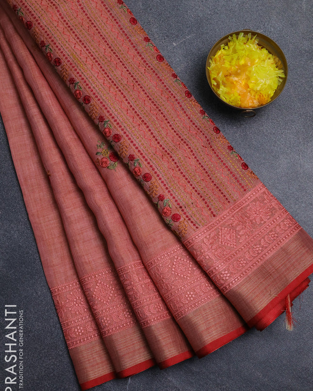 Linen cotton saree peach shade with embroidery buttas and embroidery pallu