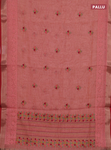 Linen cotton saree peach shade with embroidery buttas and embroidery pallu