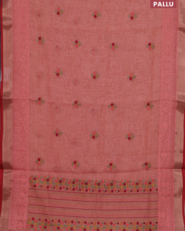 Linen cotton saree peach shade with embroidery buttas and embroidery pallu