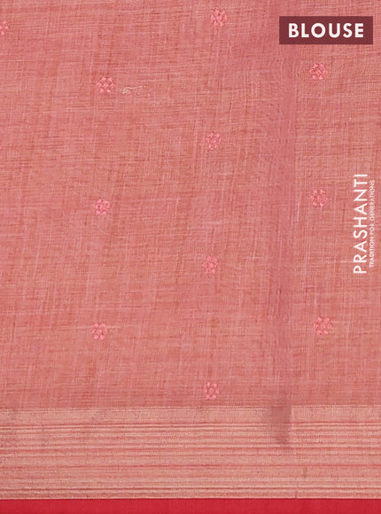 Linen cotton saree peach shade with embroidery buttas and embroidery pallu