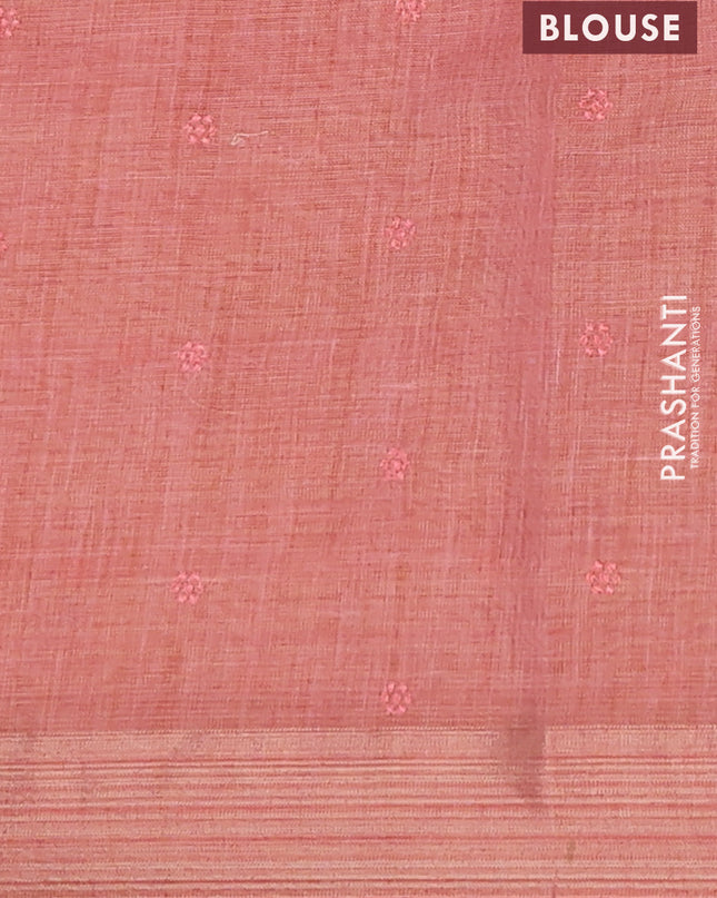 Linen cotton saree peach shade with embroidery buttas and embroidery pallu
