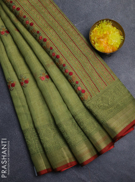 Linen cotton saree lime green with embroidery buttas and embroidery pallu