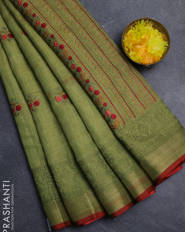 Linen cotton saree lime green with embroidery buttas and embroidery pallu