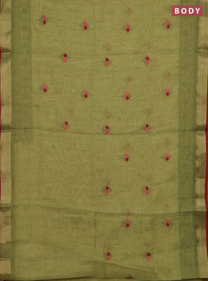 Linen cotton saree lime green with embroidery buttas and embroidery pallu