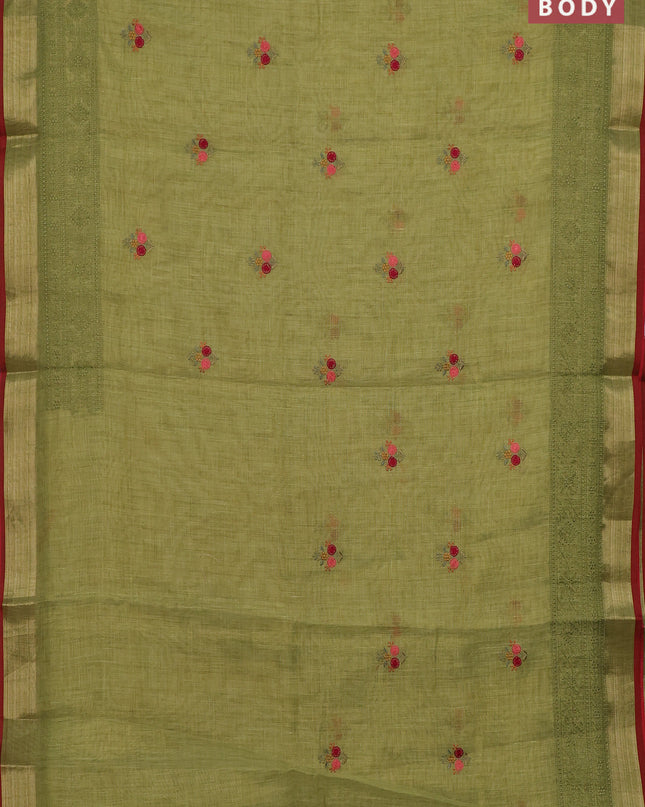 Linen cotton saree lime green with embroidery buttas and embroidery pallu