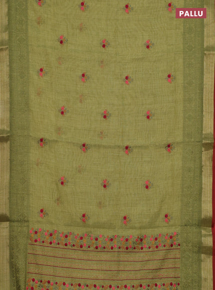 Linen cotton saree lime green with embroidery buttas and embroidery pallu