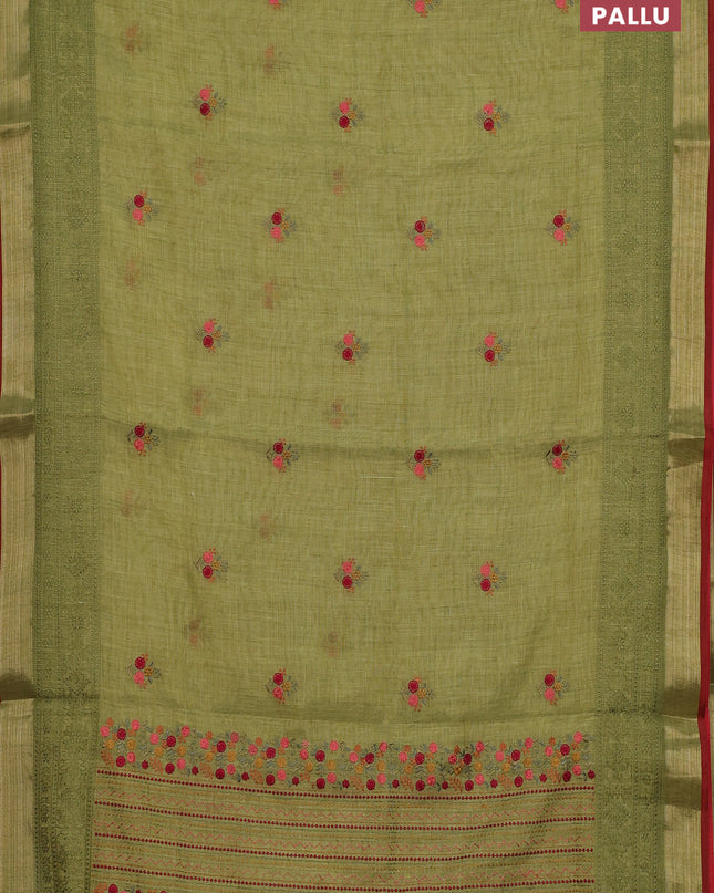 Linen cotton saree lime green with embroidery buttas and embroidery pallu