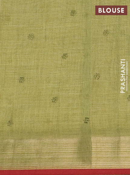 Linen cotton saree lime green with embroidery buttas and embroidery pallu