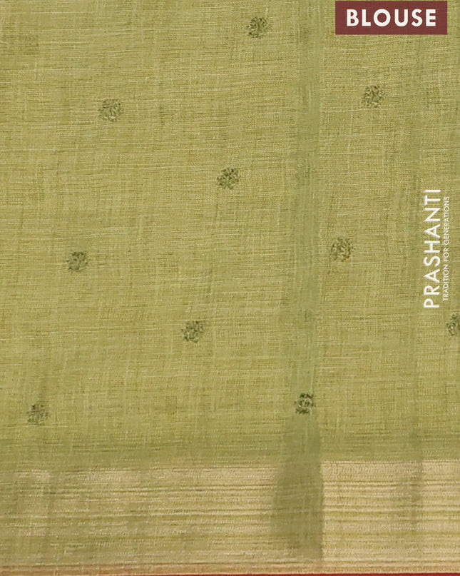Linen cotton saree lime green with embroidery buttas and embroidery pallu