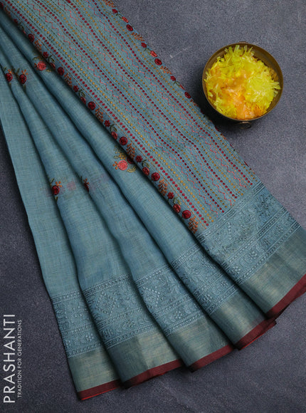 Linen cotton saree teal shade with embroidery buttas and embroidery pallu