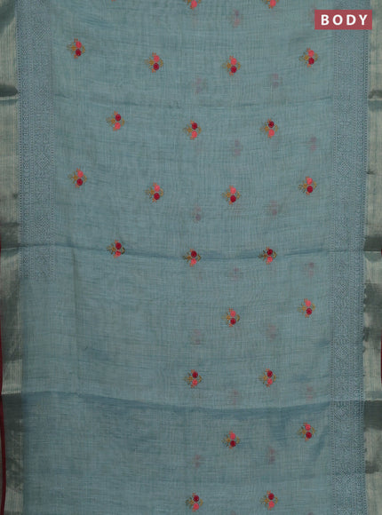 Linen cotton saree teal shade with embroidery buttas and embroidery pallu