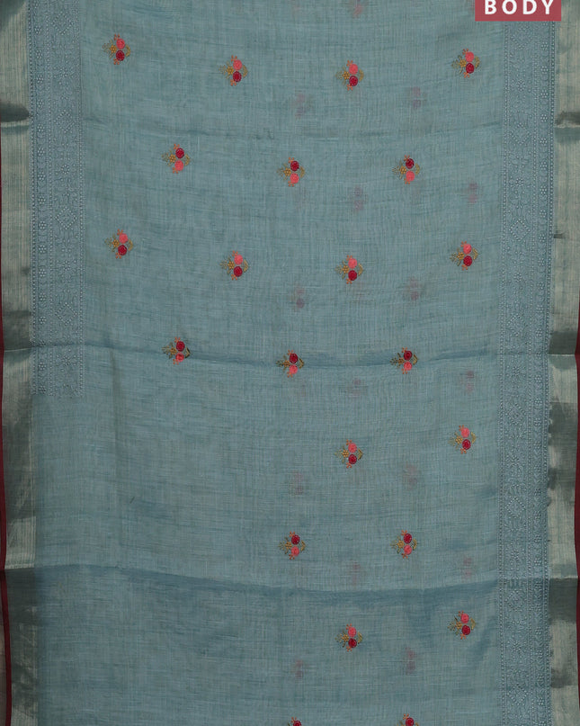 Linen cotton saree teal shade with embroidery buttas and embroidery pallu