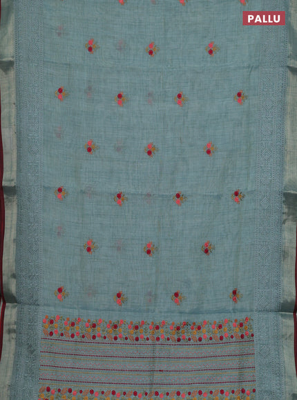 Linen cotton saree teal shade with embroidery buttas and embroidery pallu
