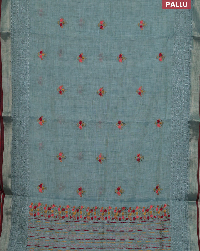 Linen cotton saree teal shade with embroidery buttas and embroidery pallu