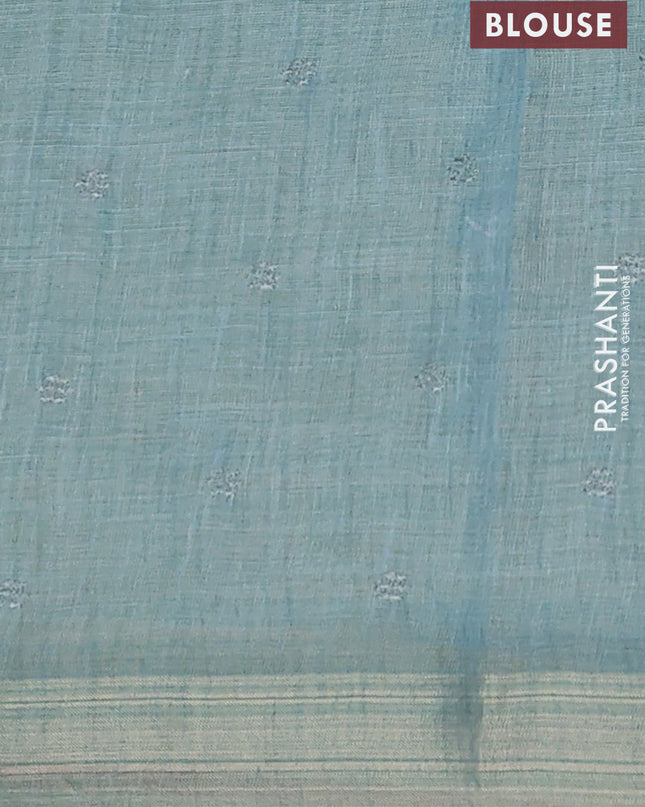Linen cotton saree teal shade with embroidery buttas and embroidery pallu