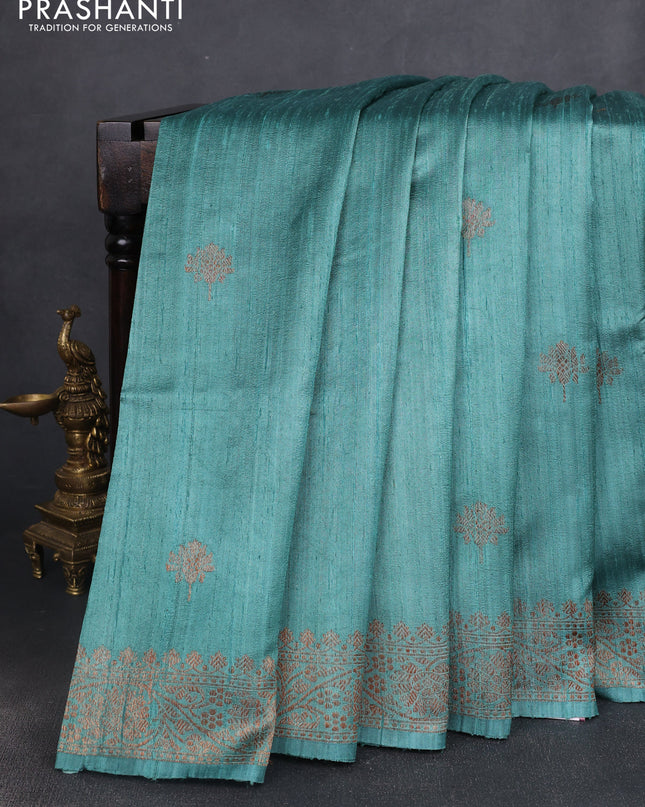 Banarasi raw silk saree teal shade with woven buttas and woven border