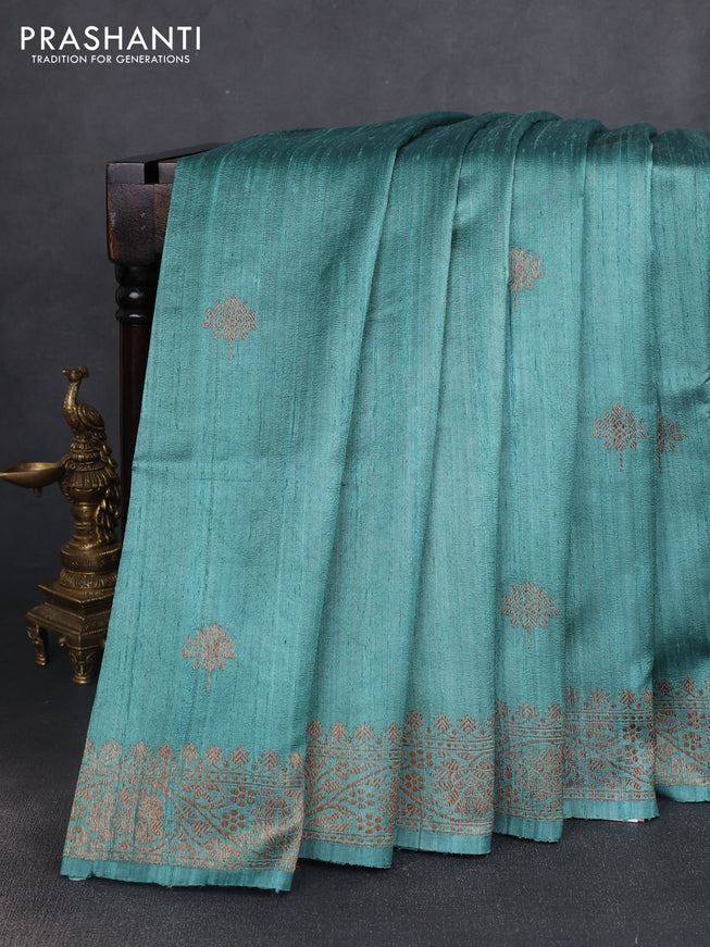 Banarasi raw silk saree teal shade with woven buttas and woven border