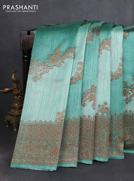 Banarasi raw silk saree pastel green with allover thread weaves and woven border
