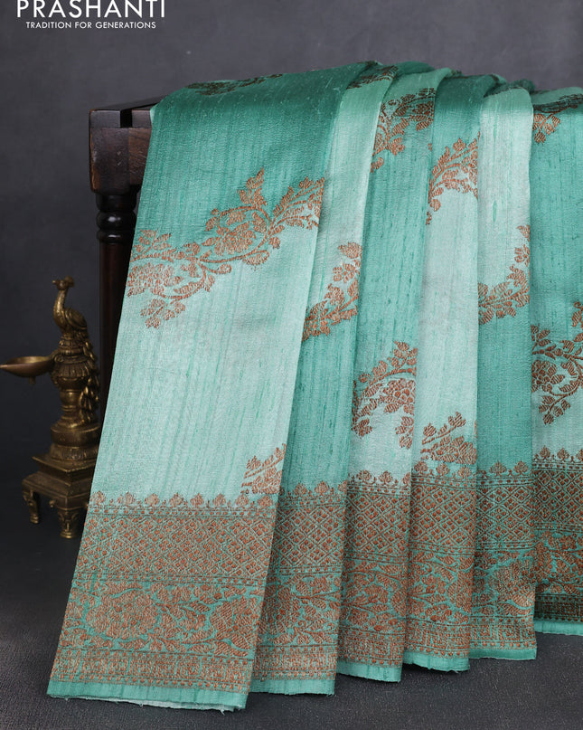 Banarasi raw silk saree pastel green with allover thread weaves and woven border