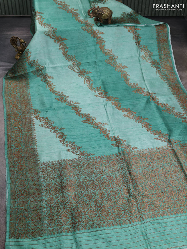Banarasi raw silk saree pastel green with allover thread weaves and woven border