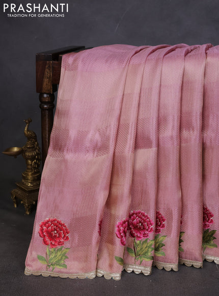 Banarasi silk saree peach pink with allover zari weaves and floral design embroidery border
