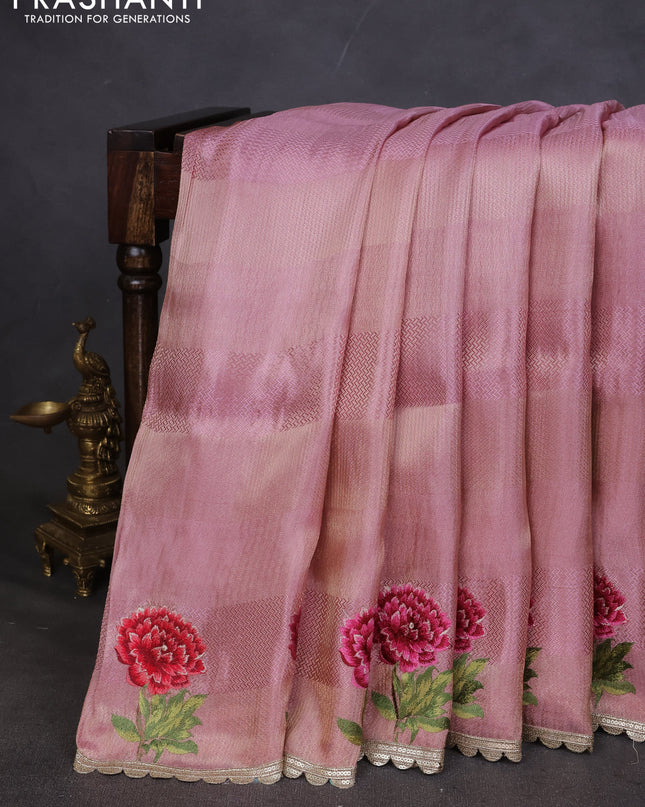 Banarasi silk saree peach pink with allover zari weaves and floral design embroidery border