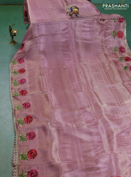 Banarasi silk saree peach pink with allover zari weaves and floral design embroidery border